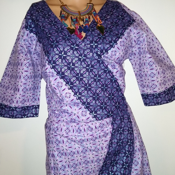 AUTH NIGERIAN M/ L BESPOKE PURPLE BLUE LAVENDER METALLIC  FAUX WRAP MIDI DRESS - Picture 8 of 10